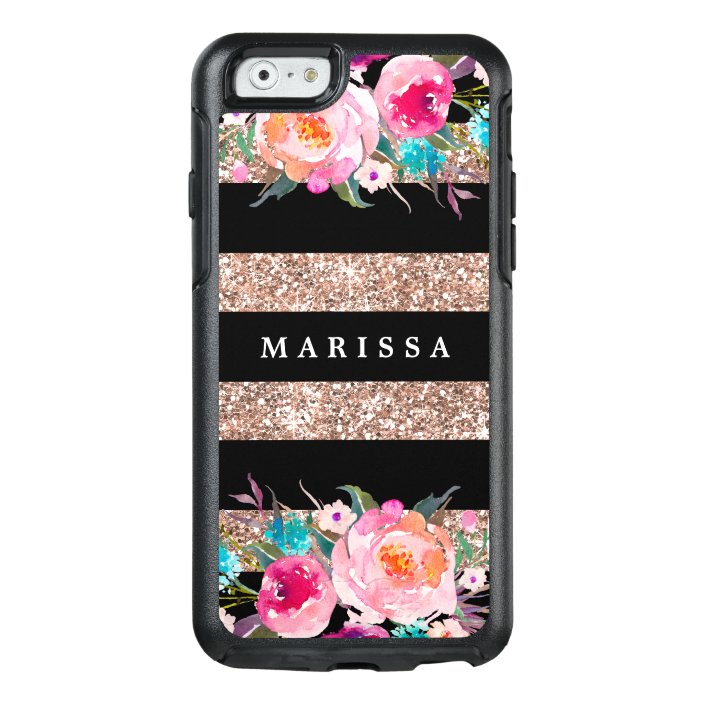 Rose Gold Glitter Pink Floral Black Stripe Otterbox Iphone Case Zazzle Com