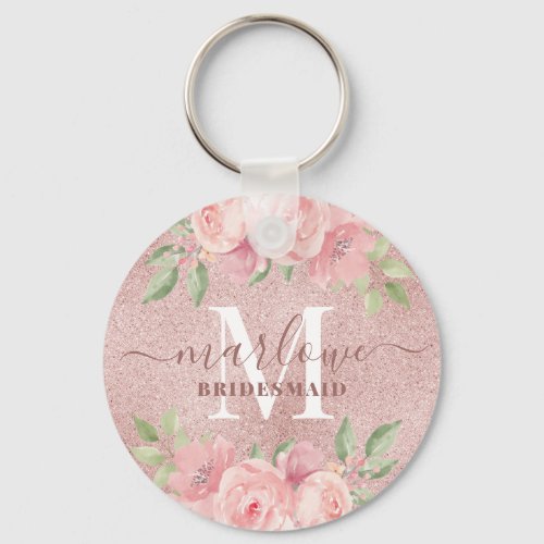 Rose Gold Glitter Pink Floral Bridesmaid Monogram Keychain