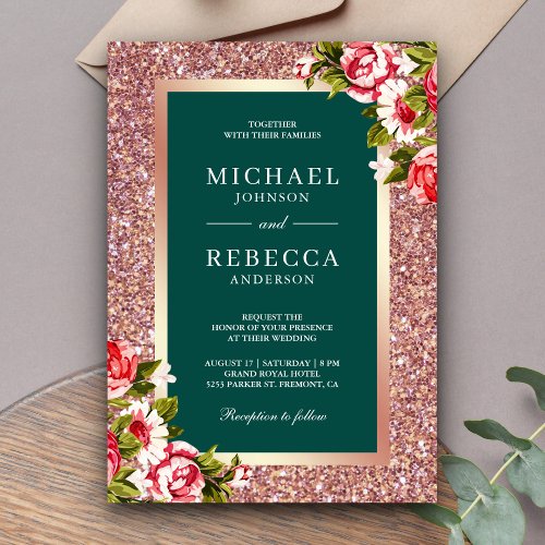 Rose Gold Glitter Pink Floral Emerald Wedding Invitation