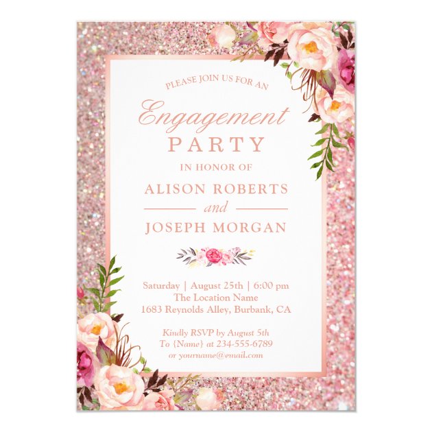 Rose Gold Glitter Pink Floral Engagement Party Invitation