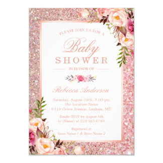 Rose Gold Glitter Pink Floral Girl Baby Shower Card