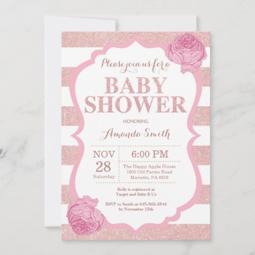 Rose Gold Glitter Pink Floral Girl Baby Shower Invitation