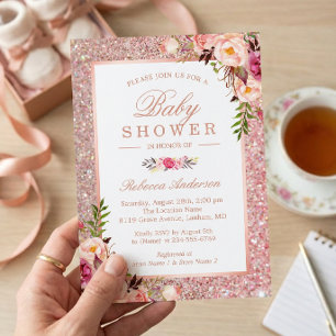 Rose Gold Glitter Pink Floral Girl Baby Shower Invitation