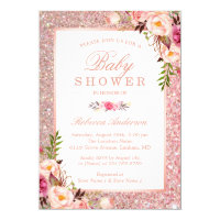 Rose Gold Glitter Pink Floral Girl Baby Shower Invitation