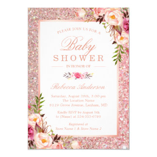 Rose Gold Glitter Pink Floral Girl Baby Shower Invitation