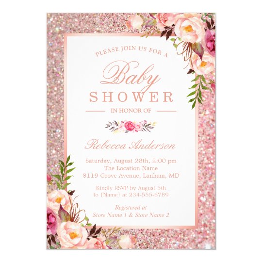 Rose Gold Glitter Pink Floral Girl Baby Shower Invitation Zazzle Com Rose Gold Glitter Pink Floral Girl Baby Shower Invitation Zazzle Com