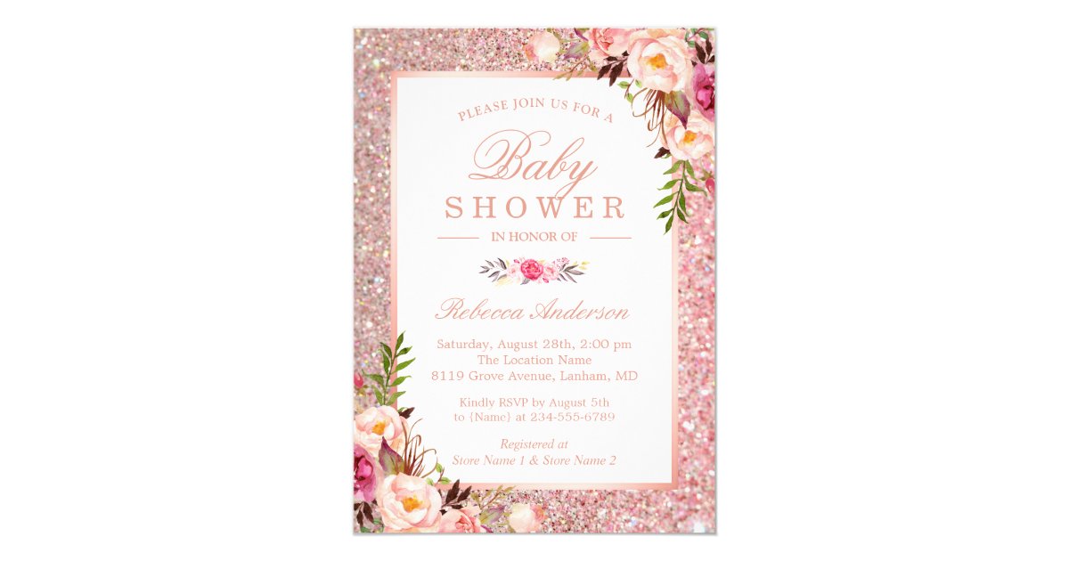 Rose Gold Glitter Pink Fl Girl Baby Shower Invitation Zazzle Com