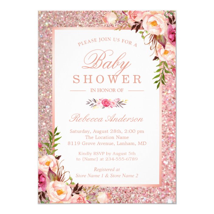 rose gold glitter pink floral girl baby shower invitation  zazzle