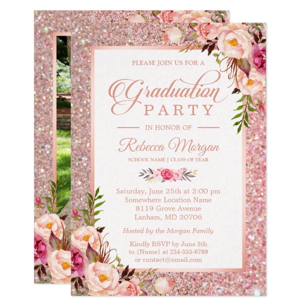 Rose Gold Glitter Pink Floral Graduation Party Invitation