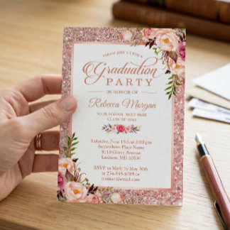 Rose Gold Glitter Pink Floral Graduation Party Invitation