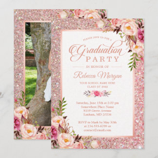 Rose Gold Glitter Pink Floral Graduation Party Invitation