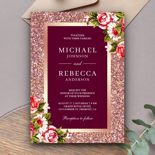 Rose Gold Glitter Pink Floral Magenta Wedding Invitation