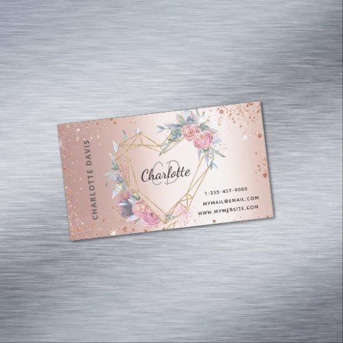 Rose gold glitter pink floral makeup hair beauty business card magnet
