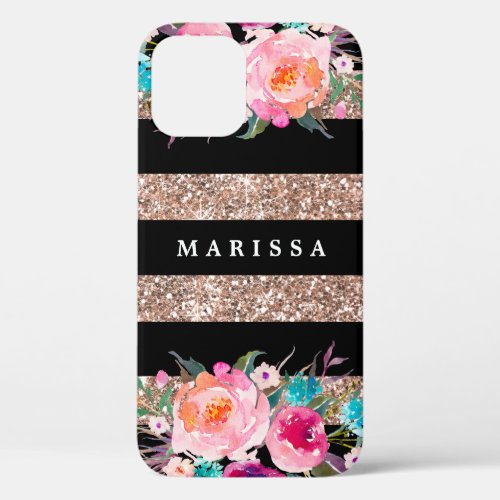 Rose Gold Glitter Pink Floral Modern Black Stripe iPhone 12 Case