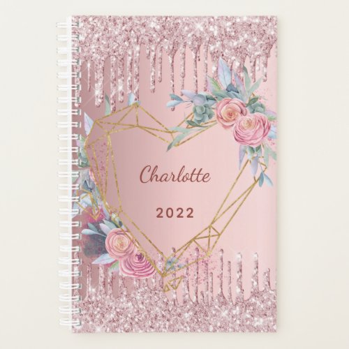 Rose gold  glitter pink floral monogram 2024 planner