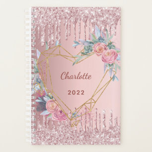 Rose gold glitter pink floral monogram 2025 planner
