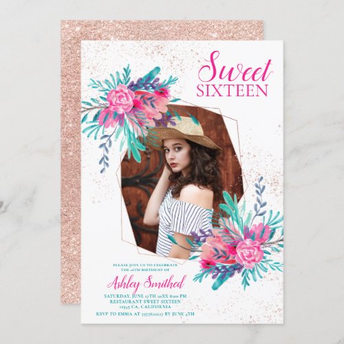 Rose gold glitter pink floral photo chic Sweet 16 Invitation