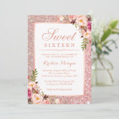Rose Gold Glitter Pink Floral Sweet 16 Birthday Invitation (Standing Front)
