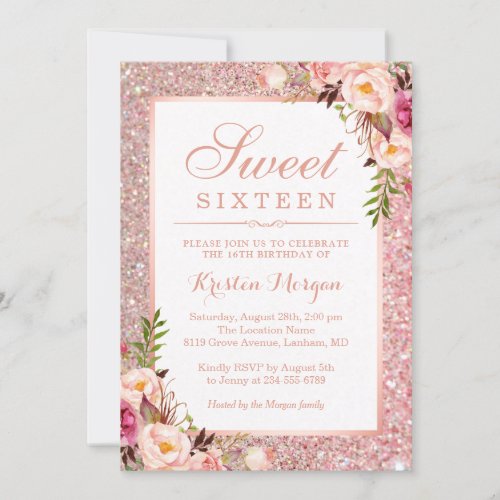 Rose Gold Glitter Pink Floral Sweet 16 Birthday Invitation