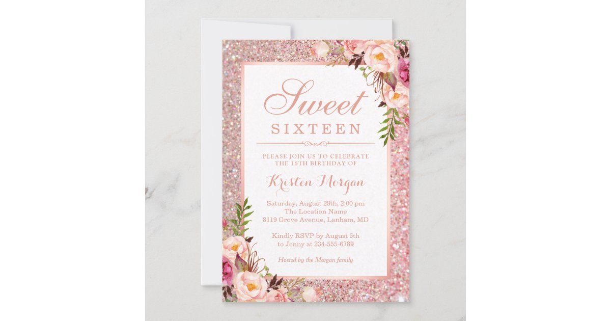 Rose Gold Glitter Pink Floral Sweet 16 Birthday Invitation Zazzle Com Rose Gold Glitter Pink Floral Sweet 16 Birthday Invitation Zazzle Com