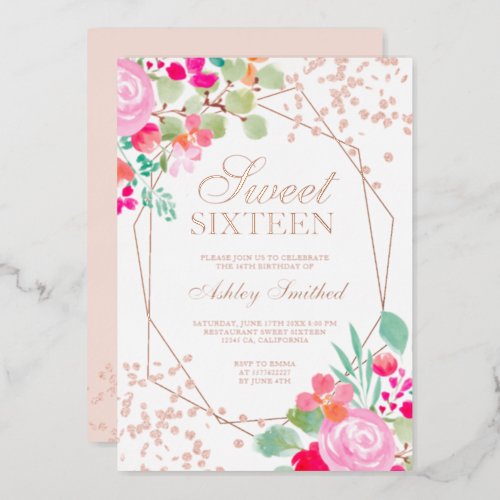 Rose Gold glitter pink floral watercolor Sweet 16 Foil Invitation