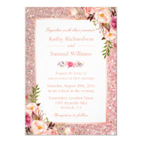 Rose Gold Glitter Pink Floral Wedding Invitation