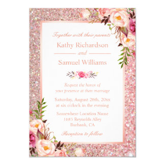 Rose Gold Glitter Pink Floral Wedding Invitation