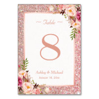 Rose Gold Glitter Pink Floral Wedding Table Number