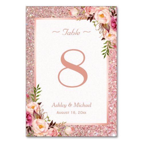 Rose Gold Glitter Pink Floral Wedding Table Number