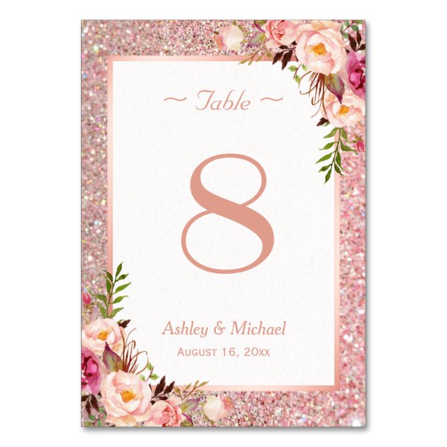 Rose Gold Glitter Pink Floral Wedding Table Number