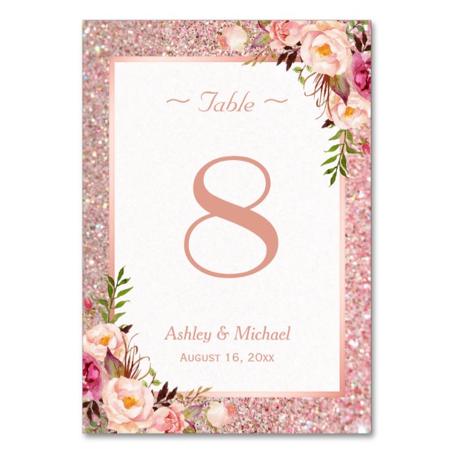 Rose Gold Glitter Pink Floral Wedding Table Number (Front)