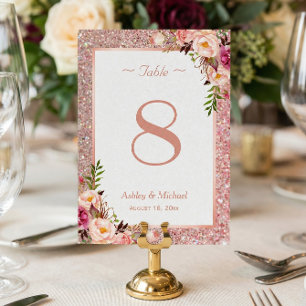 Rose Gold Glitter Pink Floral Wedding Table Number