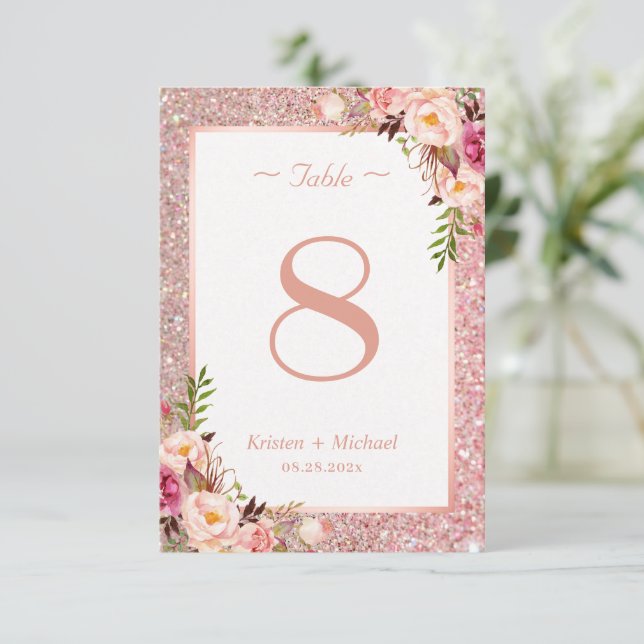 Rose Gold Glitter Pink Floral Wedding Table Number (Standing Front)