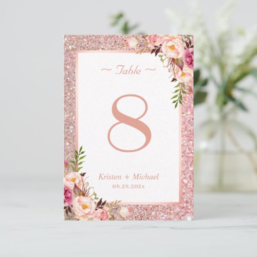 Rose Gold Glitter Pink Floral Wedding Table Number - Rose Gold Glitter Pink Floral Wedding Table Number Card. 
(1) Please customize this template one by one (e.g, from number 1 to xx) , and add each number card separately to your cart. 
(2) For further customization, please click the "customize further" link and use our design tool to modify this template. 
(3) If you need help or matching items, please contact me.