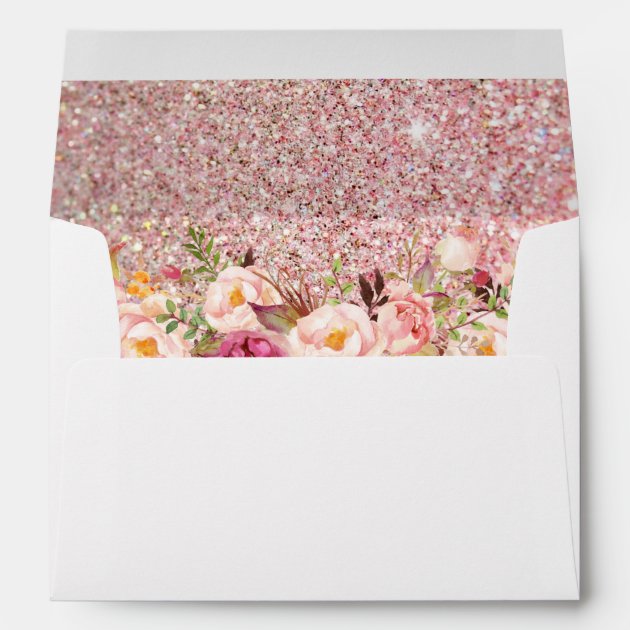 Rose Gold Glitter Pink Floral With Return Address Envelope