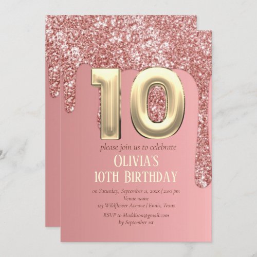 Rose Gold Glitter Pink Girl Girly 10th Birthday  Invitation