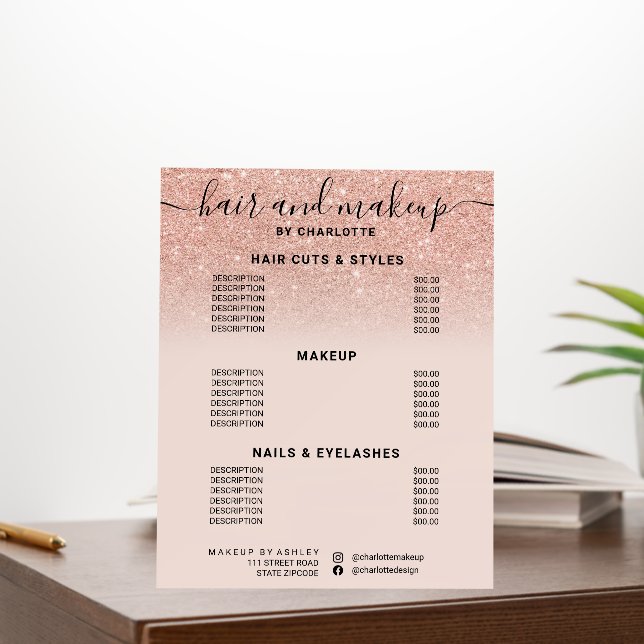 Rose gold glitter pink hair makeup salon price foam board (In Situ (Office))