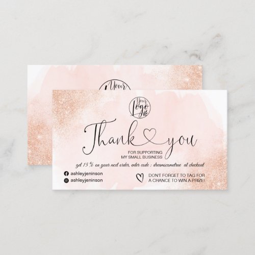 Rose Gold glitter pink heart logo thank you Business Card