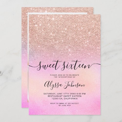 Rose gold glitter pink holographic photo sweet 16 invitation