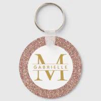 Blush Pink Brushed Metal Glitter Monogram Name Keychain