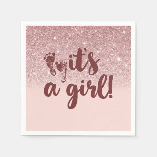 Rose Gold Glitter Pink It'S A Girl Baby Shower Napkins
