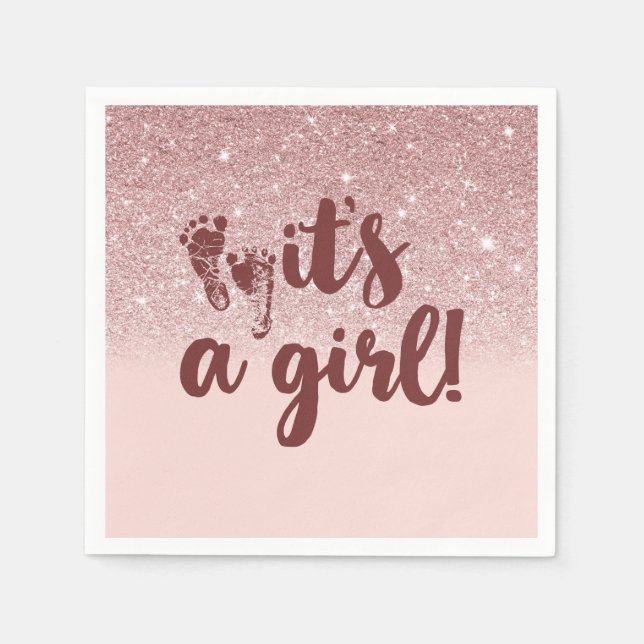 Rose Gold Glitter Pink It's A Girl Baby Shower Napkins (Front)