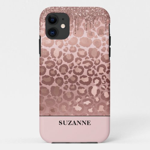 Rose Gold Glitter Pink Leopard Pattern Monogram Ca iPhone 11 Case