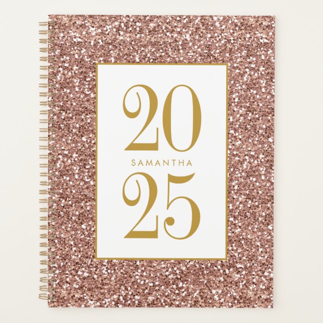 Rose Gold Glitter Pink Luxe Look Personalized 2025 Planner (Front)