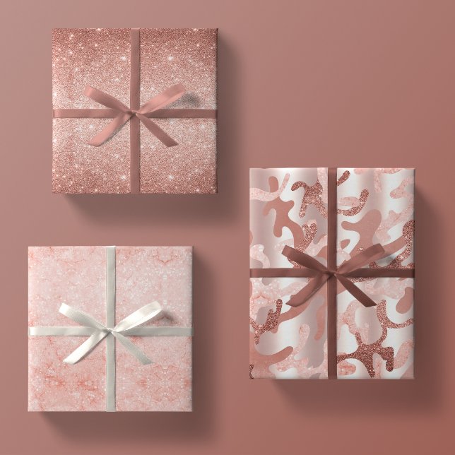 Rose Gold Glitter, Pink Marble + Glamouflage Camo Wrapping Paper Sheets