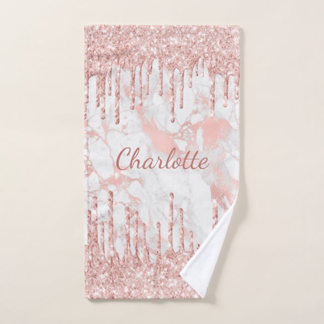 Rose gold glitter pink marble monogram name hand towel  (Hand Towel)
