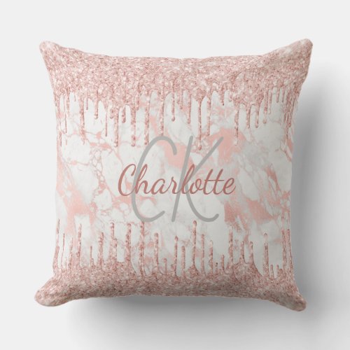 Rose gold glitter pink marble monogram name outdoor pillow