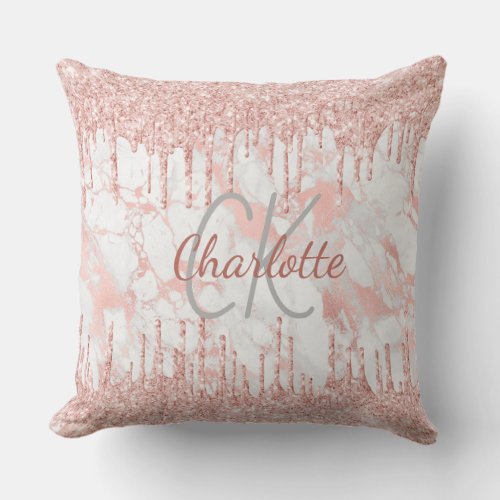 Rose gold glitter pink marble monogram name throw pillow