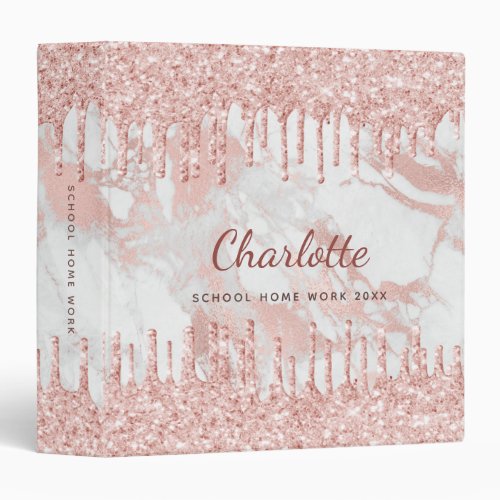 Rose gold glitter pink marble monogram school  3 ring binder