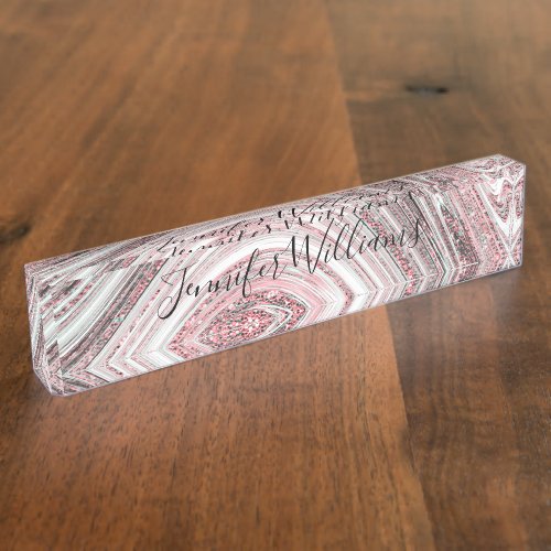 Rose Gold Glitter Pink Marble Sparkly Stylish Desk Name Plate